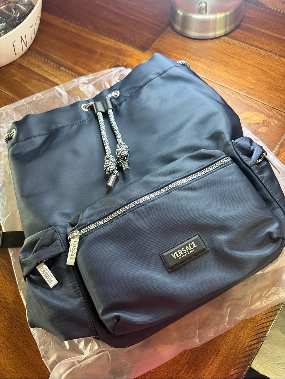 Versace Men's Navy Drawstring Nylon Backpack with Front Pocket